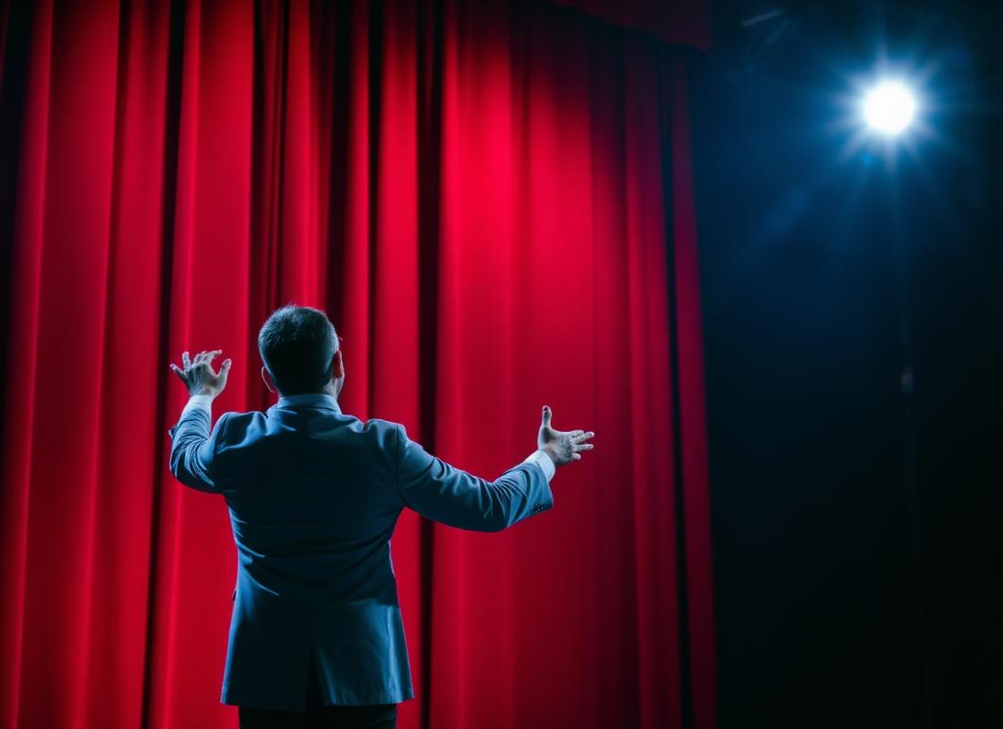 Pablo op podium voor een rood fluwelen gordijn onder spotlight